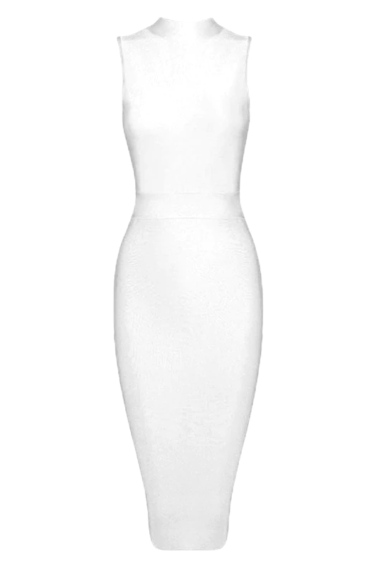 Woman wearing a figure flattering  Grace Bandage Midi Dress - Pearl White Bodycon Collection
