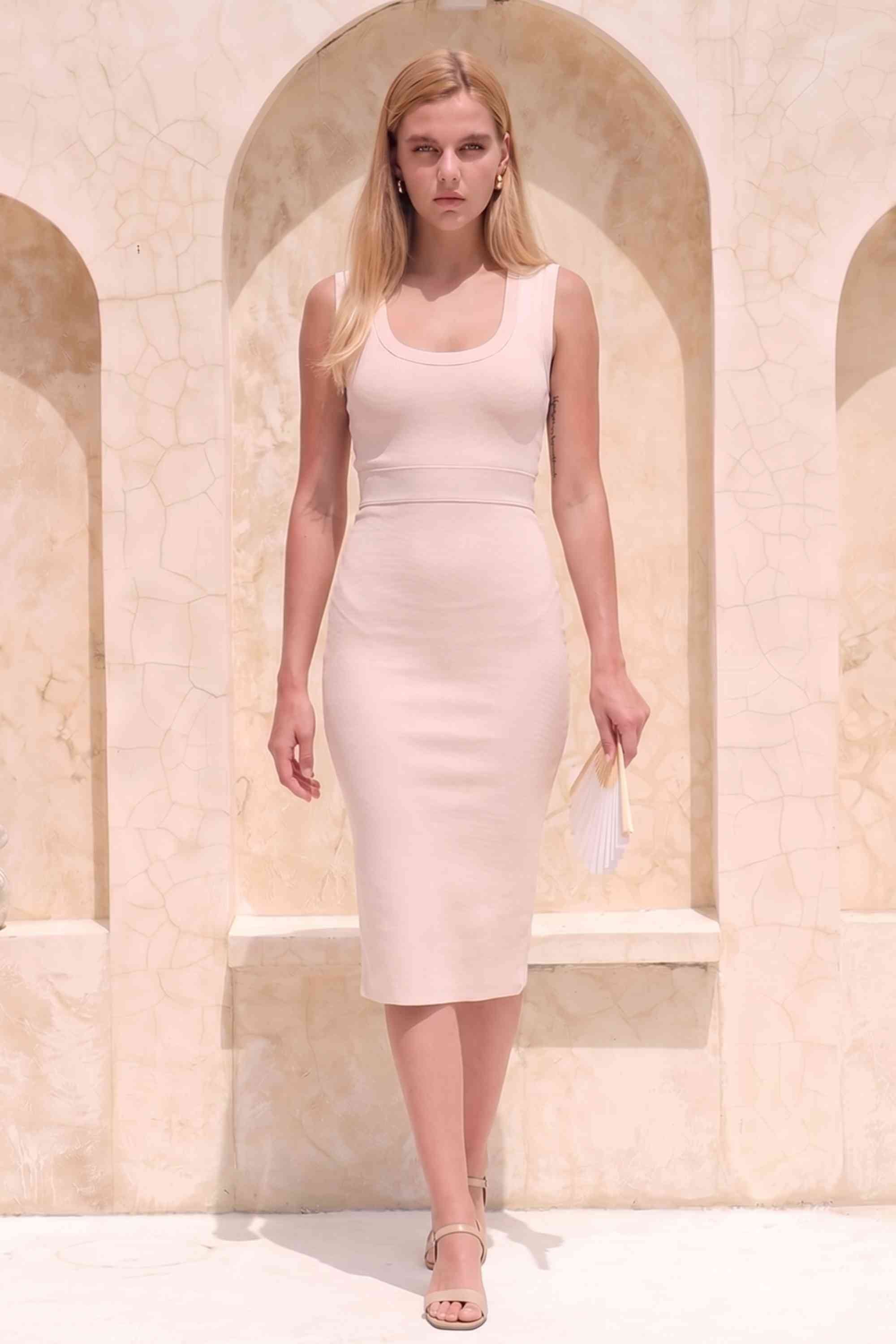 Woman wearing a figure flattering  Gracie Bandage Dress - Cream BODYCON COLLECTION Pty Ltd