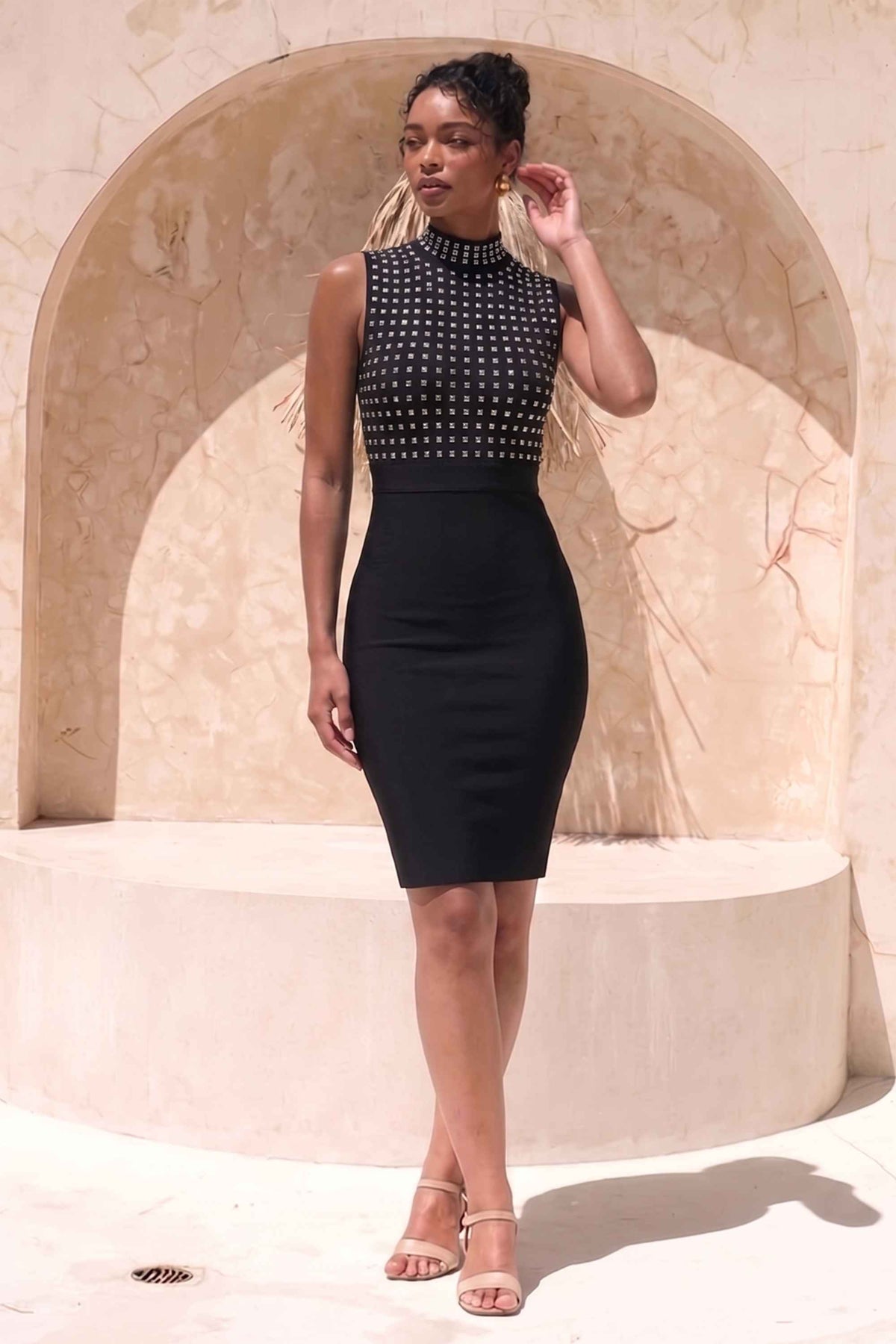 Woman wearing a figure flattering  Hazel Bodycon Dress - Classic Black BODYCON COLLECTION Pty Ltd