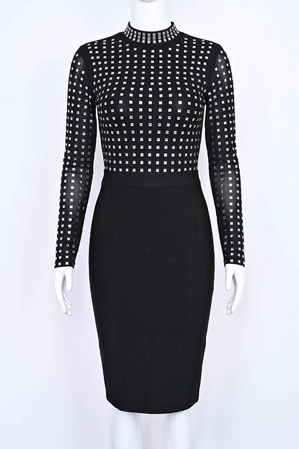 Woman wearing a figure flattering  Hazel Long Sleeve Bodycon Dress - Classic Black BODYCON COLLECTION Pty Ltd