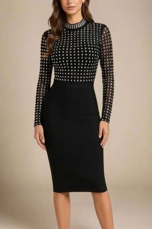 Woman wearing a figure flattering  Hazel Long Sleeve Bodycon Dress - Classic Black BODYCON COLLECTION Pty Ltd