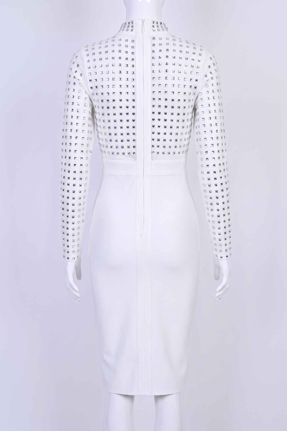 Woman wearing a figure flattering  Hazel Long Sleeve Bodycon Dress - White Pearl BODYCON COLLECTION Pty Ltd