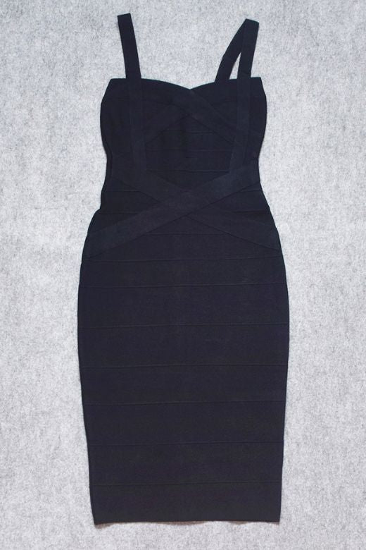 Woman wearing a figure flattering  Heidi Bandage Midi Dress - Classic Black Bodycon Collection