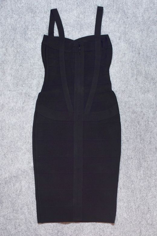 Woman wearing a figure flattering  Heidi Bandage Midi Dress - Classic Black Bodycon Collection