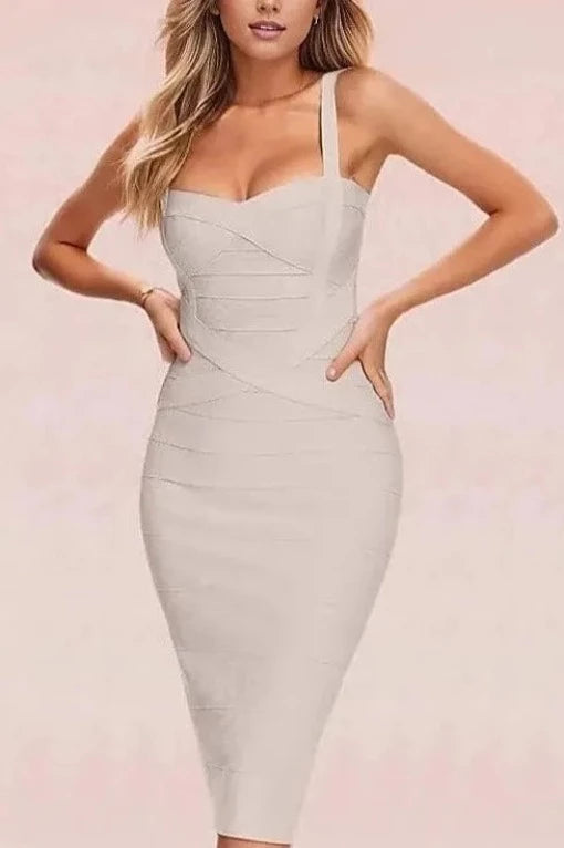 Woman wearing a figure flattering  Heidi Bandage Midi Dress - Cream Bodycon Collection
