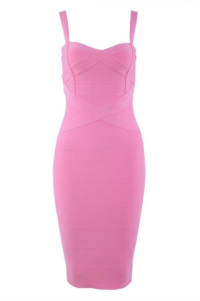 Woman wearing a figure flattering  Heidi Bandage Midi Dress - Dusty Pink Bodycon Collection