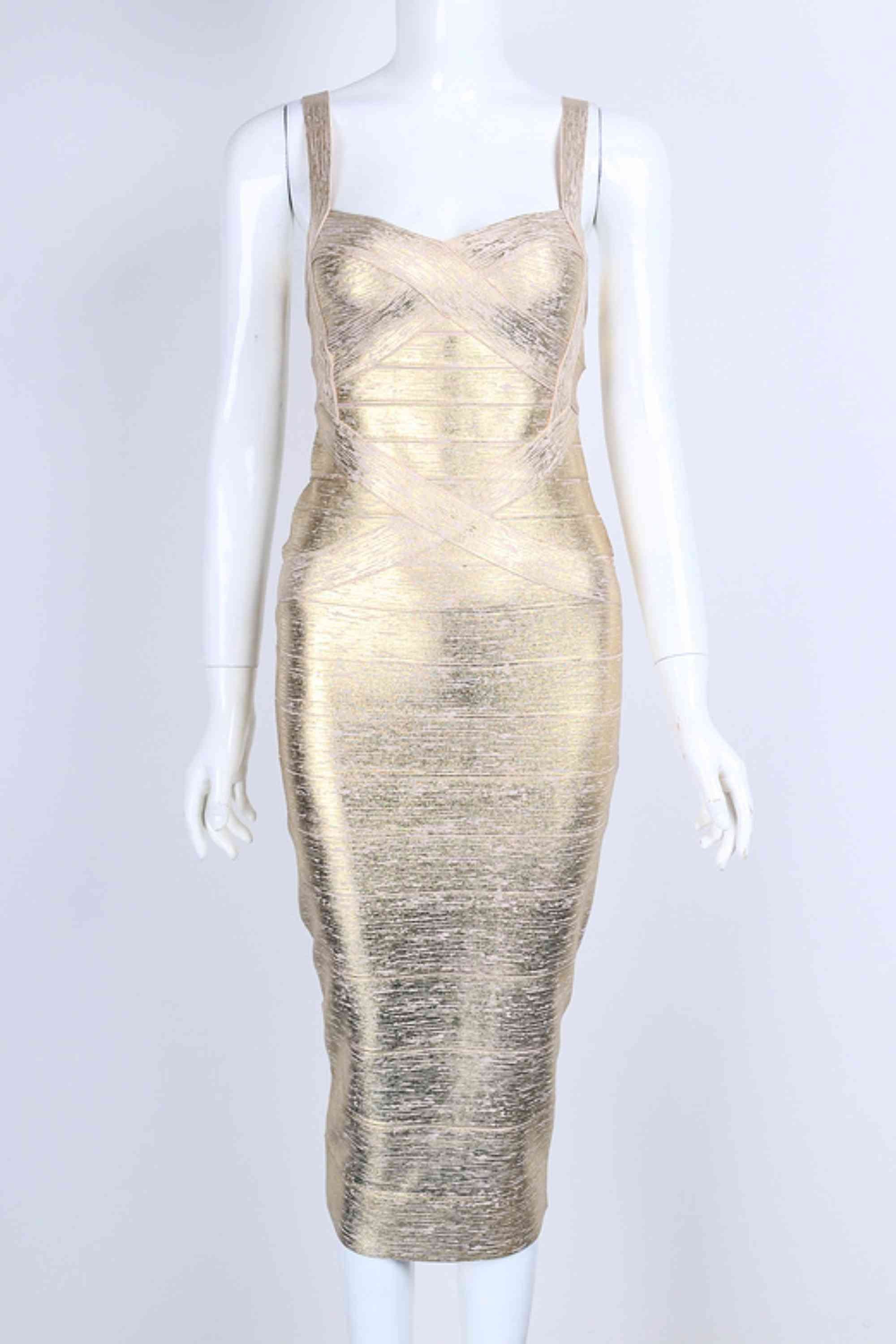 Woman wearing a figure flattering  Heidi Bandage Midi Dress - Gold BODYCON COLLECTION