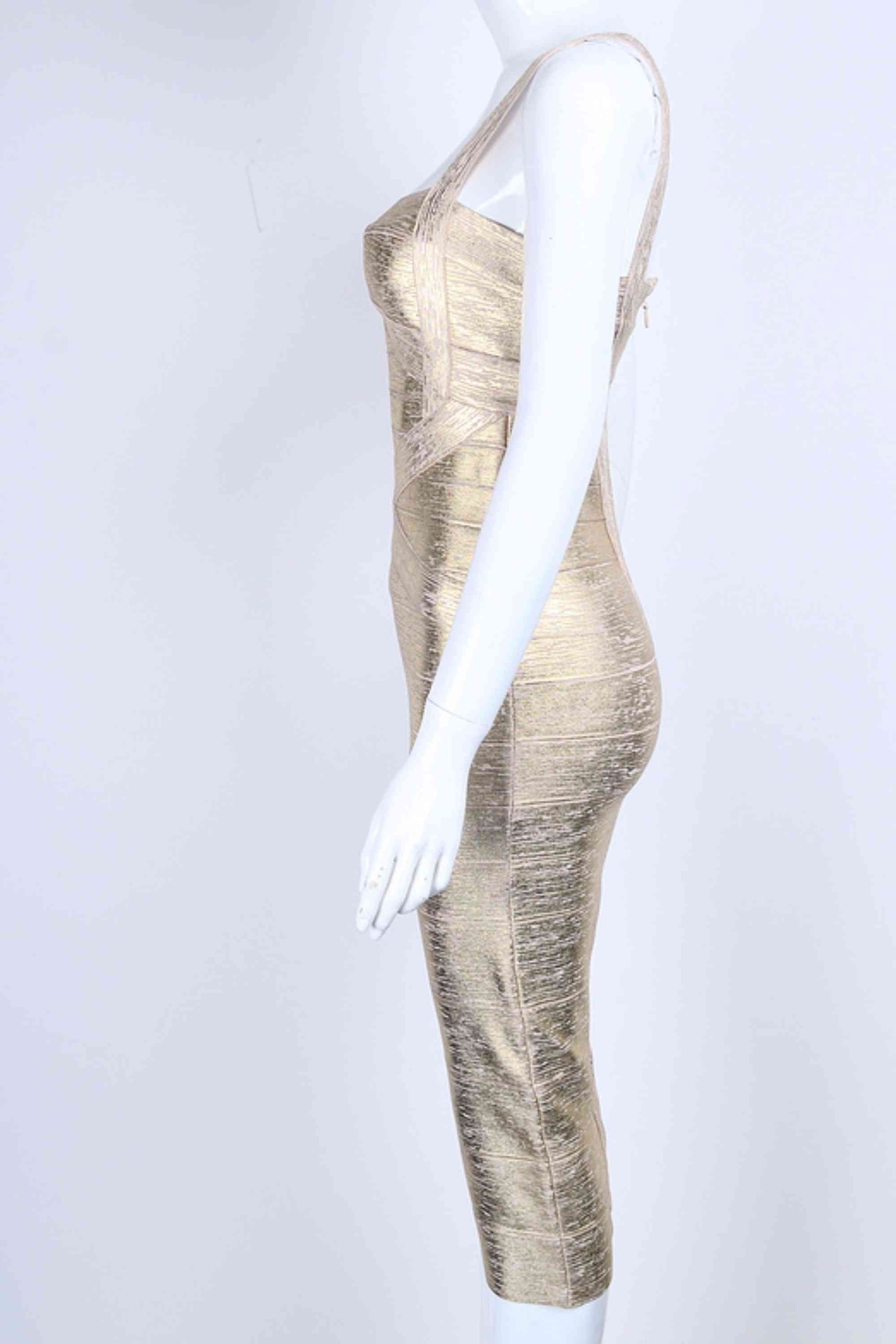 Woman wearing a gold party dress  Heidi Bandage Midi Dress - Gold BODYCON COLLECTION