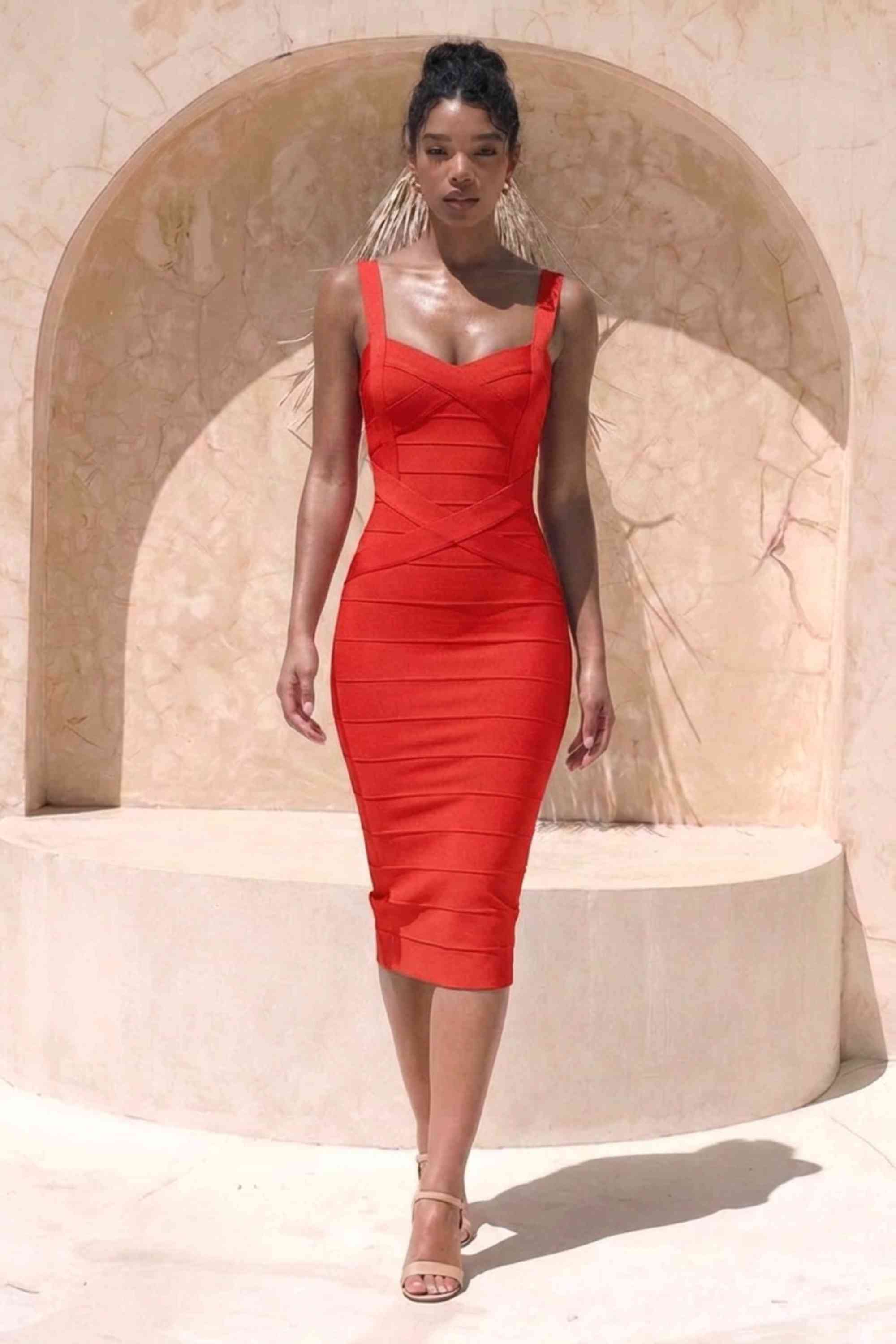 Woman wearing a figure flattering  Heidi Bandage Midi Dress - Lipstick Red Bodycon Collection