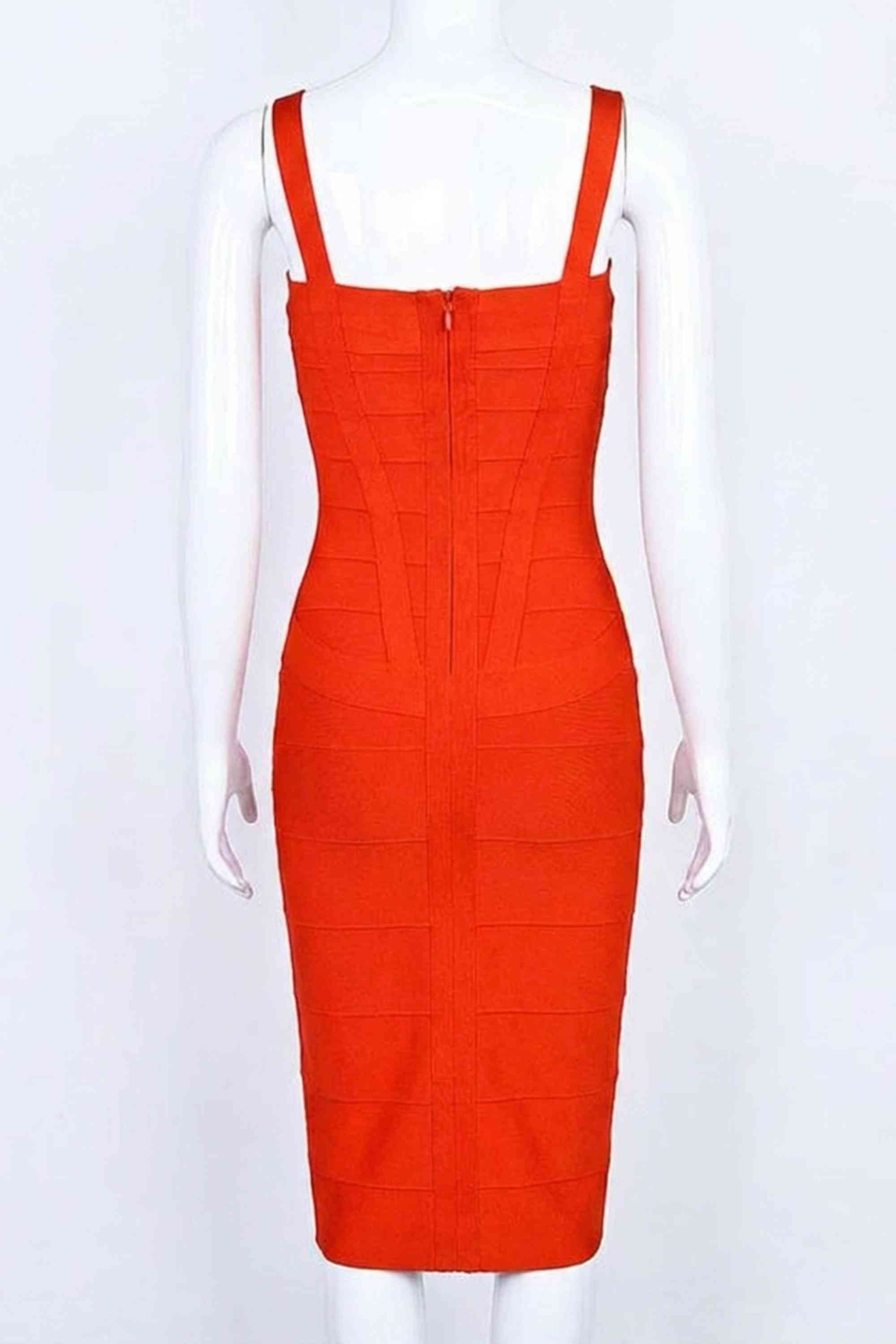 Woman wearing a figure flattering  Heidi Bandage Midi Dress - Lipstick Red Bodycon Collection