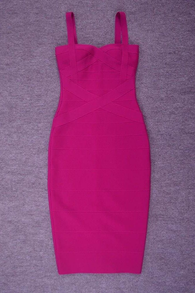 Woman wearing a figure flattering  Heidi Bandage Midi Dress - Magenta Pink Bodycon Collection