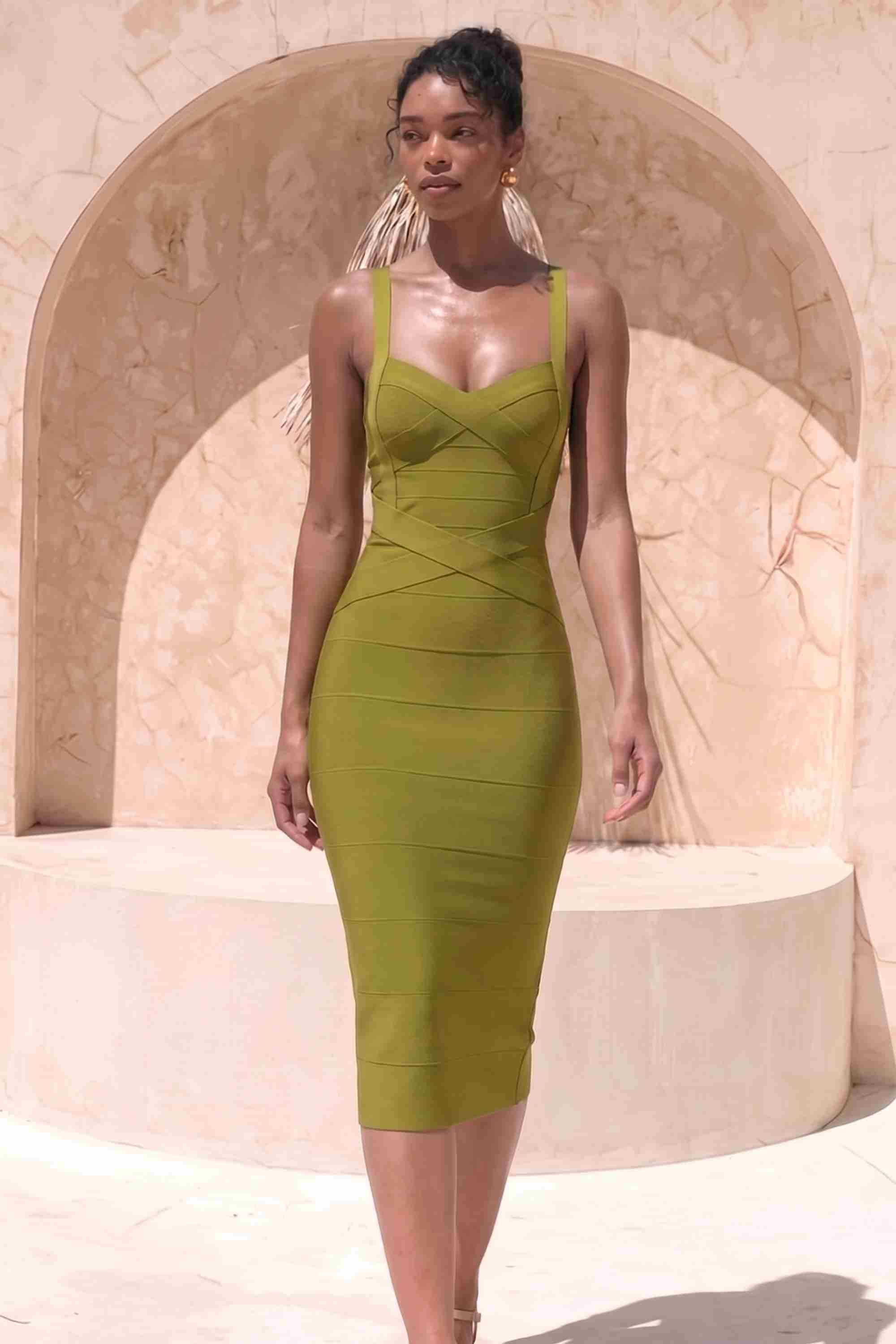 Woman wearing a figure flattering  Heidi Bandage Midi Dress - Olive Green Bodycon Collection