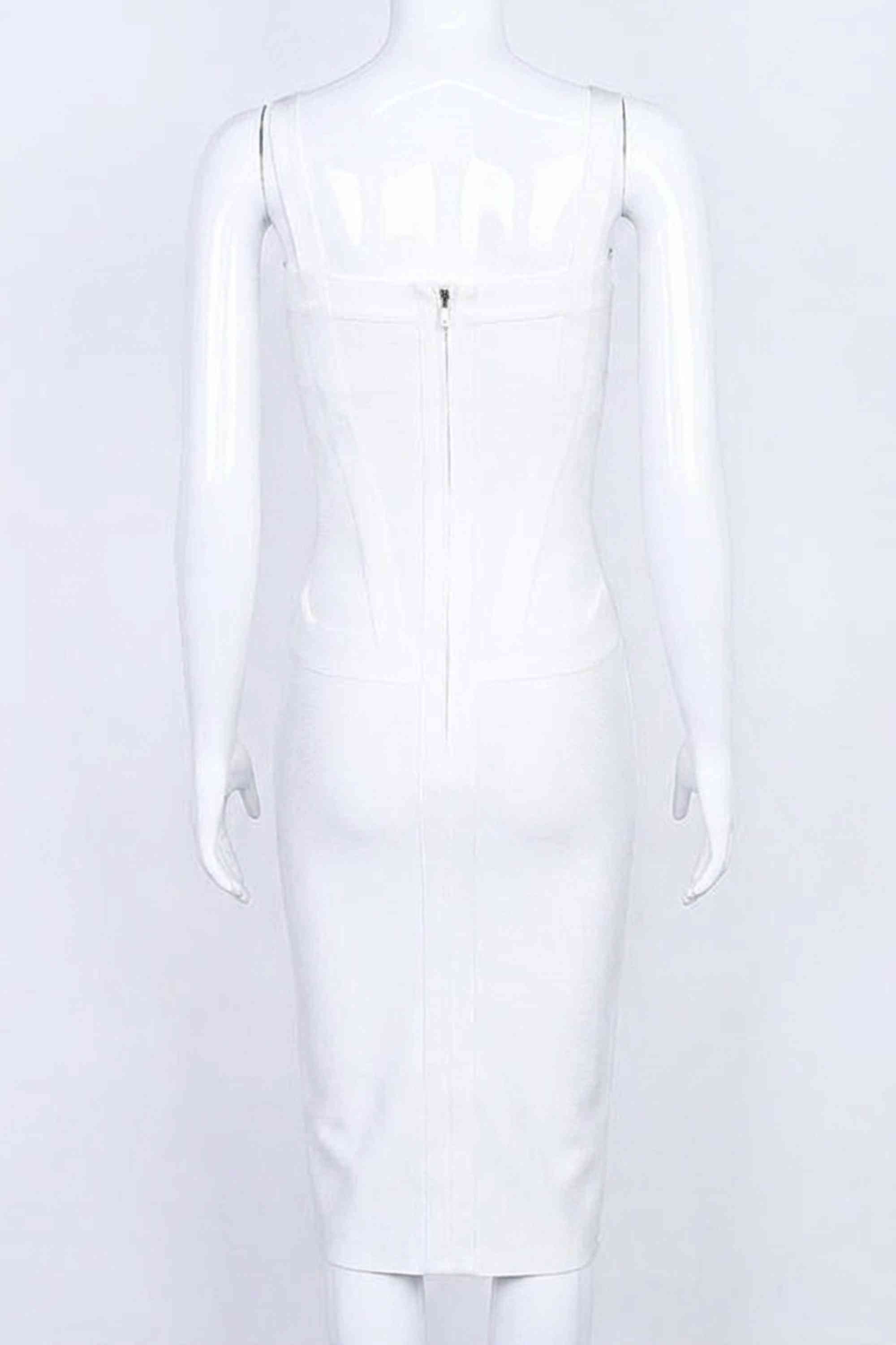 Woman wearing a figure flattering  Heidi Bandage Midi Dress - Pearl White Bodycon Collection