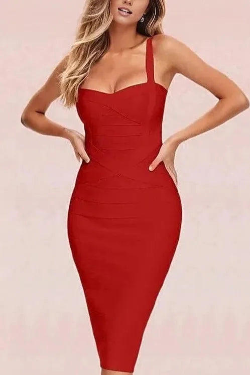 Woman wearing a figure flattering  Heidi Bandage Midi Dress - Red Wine Bodycon Collection