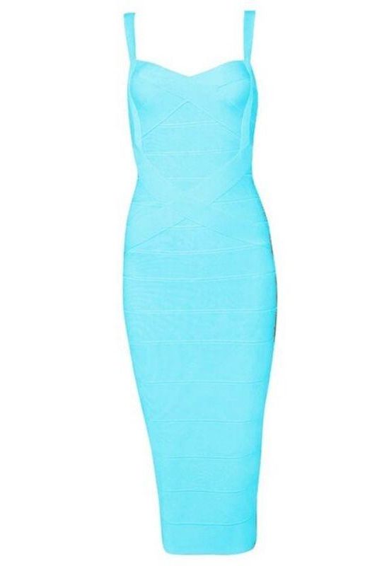 Woman wearing a figure flattering  Heidi Bandage Midi Dress - Sky Blue Bodycon Collection