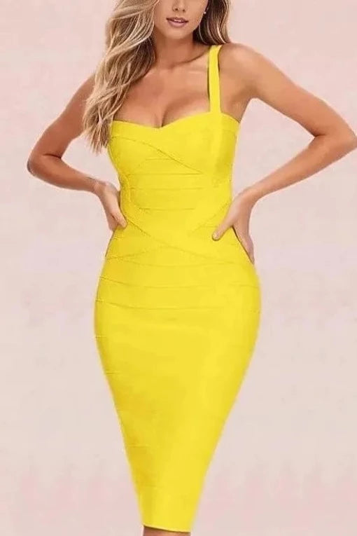 Woman wearing a figure flattering  Heidi Bandage Midi Dress - Sun Yellow Bodycon Collection