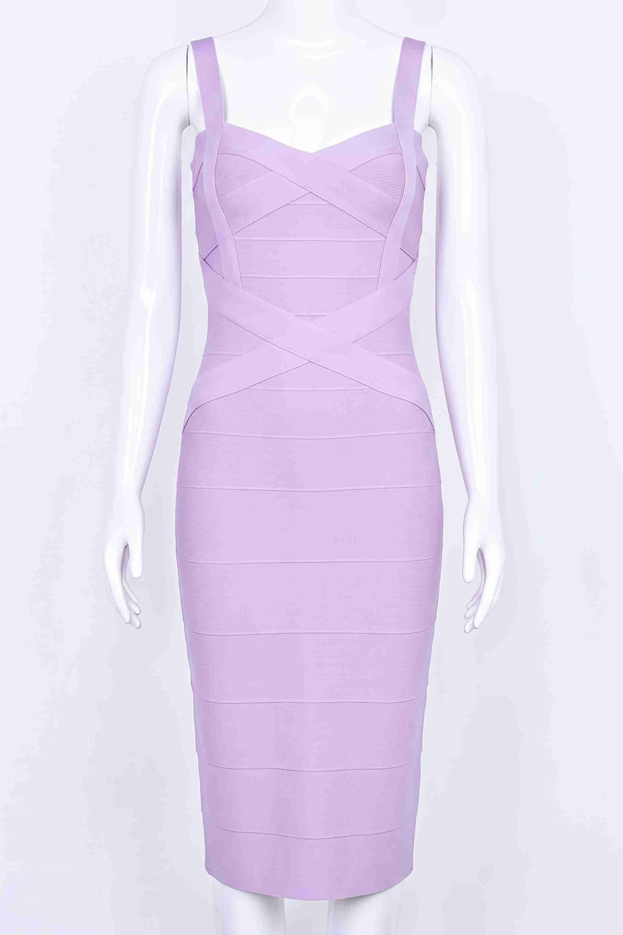 Woman wearing a figure flattering  Heidi Bandage Midi Dress - Violet Bodycon Collection