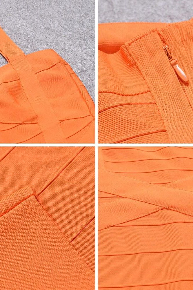Woman wearing a figure flattering  Heidi Bandage Mini Dress - Apricot Orange Bodycon Collection
