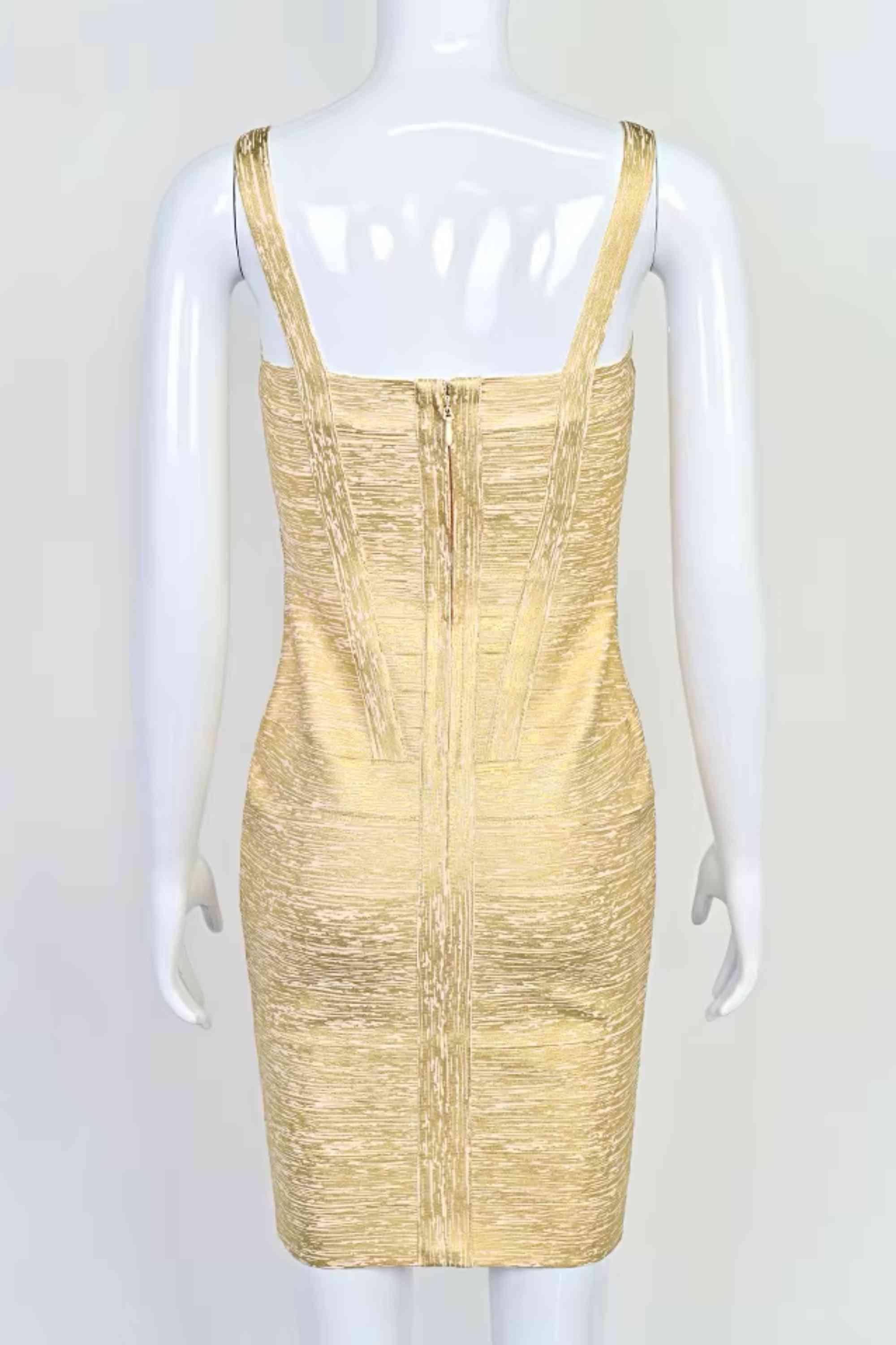 Woman wearing a figure flattering  Heidi Bandage Mini Dress - Gold Bodycon Collection
