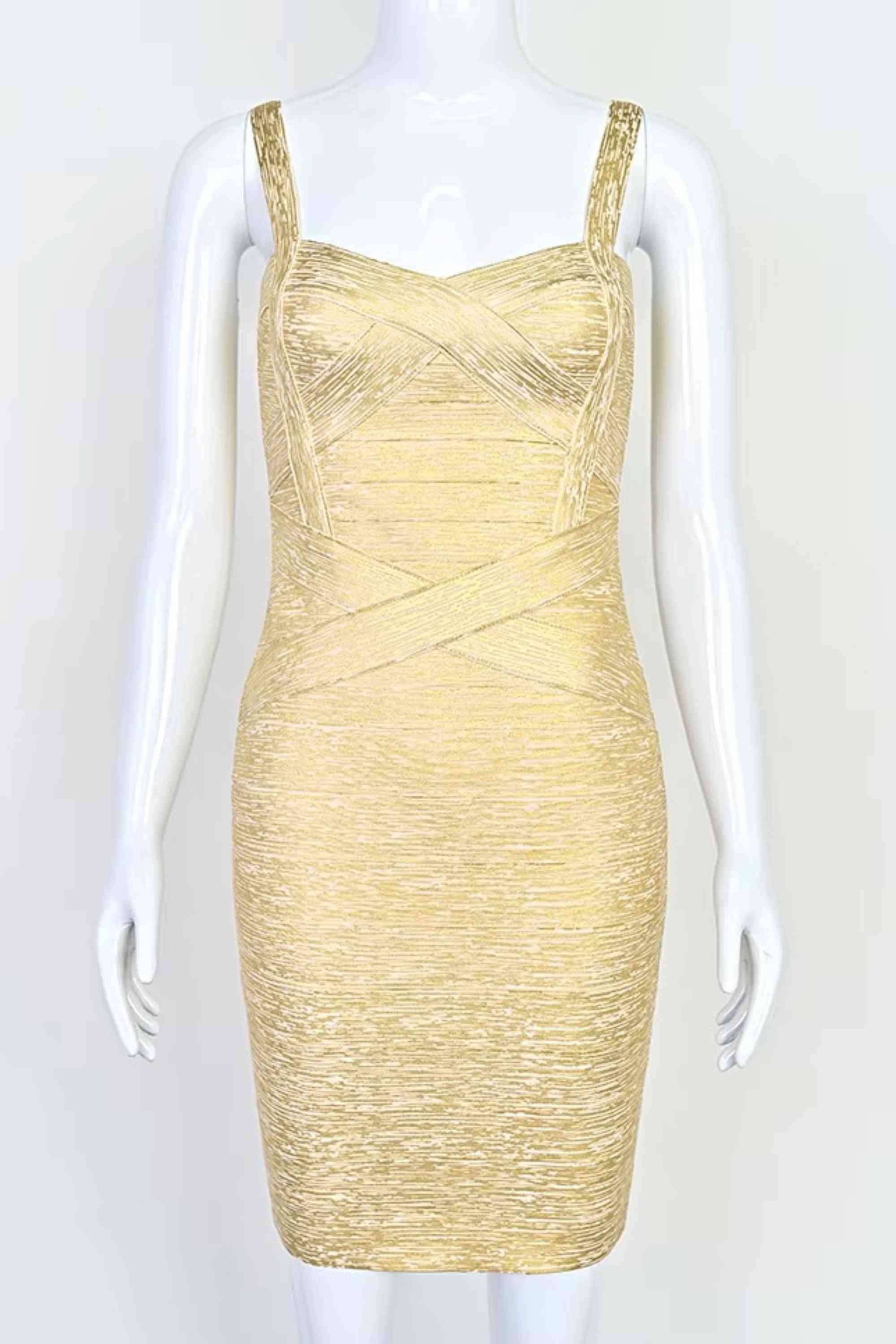 Woman wearing a figure flattering  Heidi Bandage Mini Dress - Gold Bodycon Collection