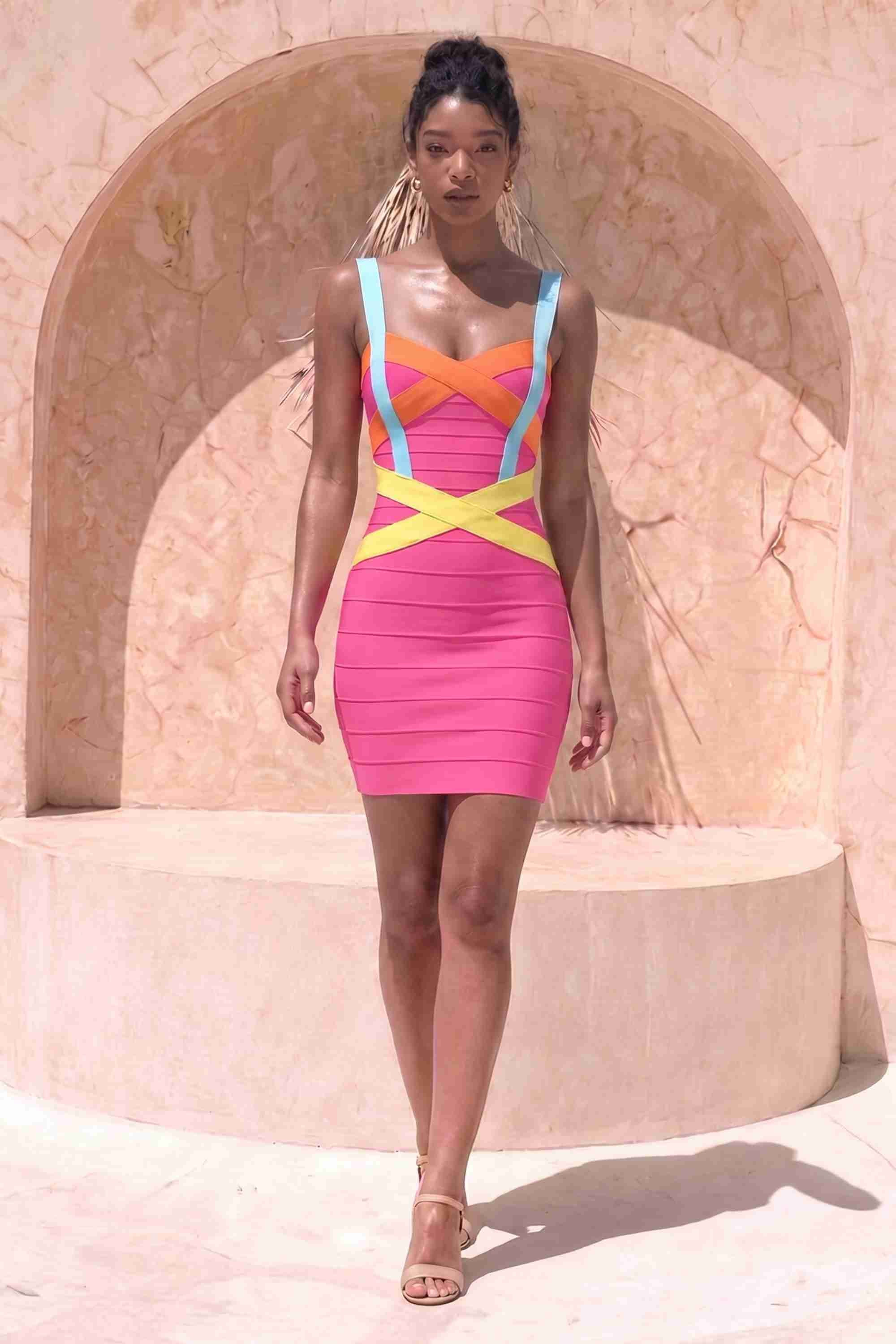 Woman wearing a figure flattering  Heidi Bandage Mini Dress - Hot Pink Bodycon Collection