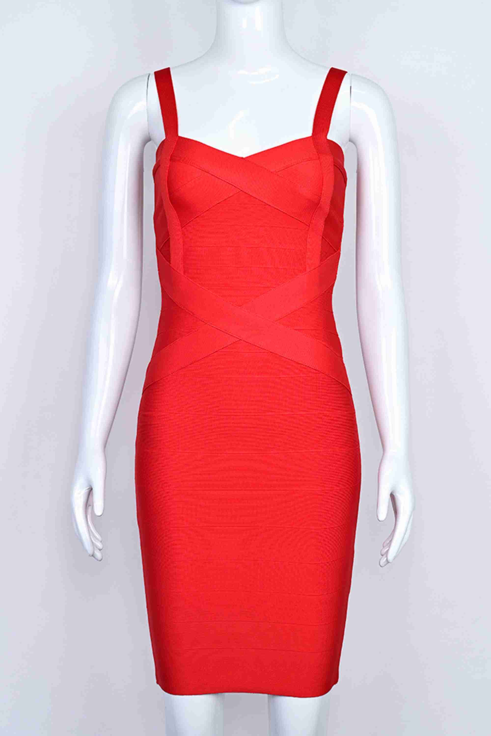 Woman wearing a figure flattering  Heidi Bandage Mini Dress - Lipstick Red Bodycon Collection