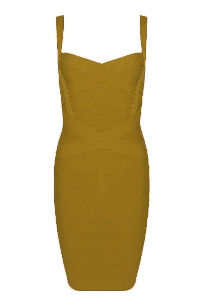 Woman wearing a figure flattering  Heidi Bandage Mini Dress - Mustard Yellow Bodycon Collection