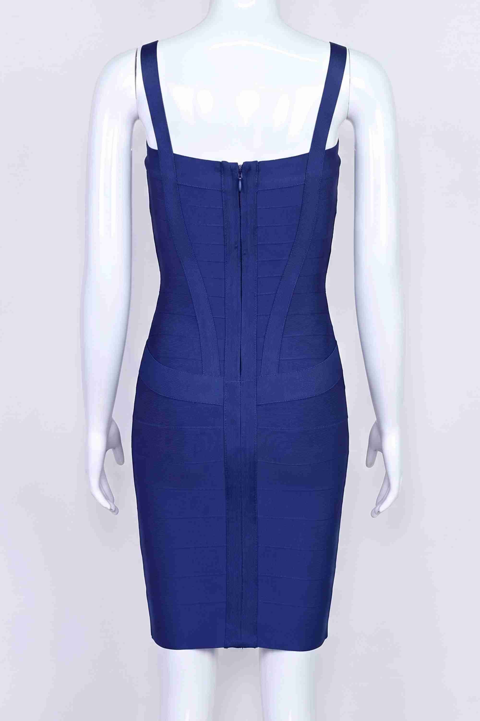 Woman wearing a figure flattering  Heidi Bandage Mini Dress - Navy Blue Bodycon Collection