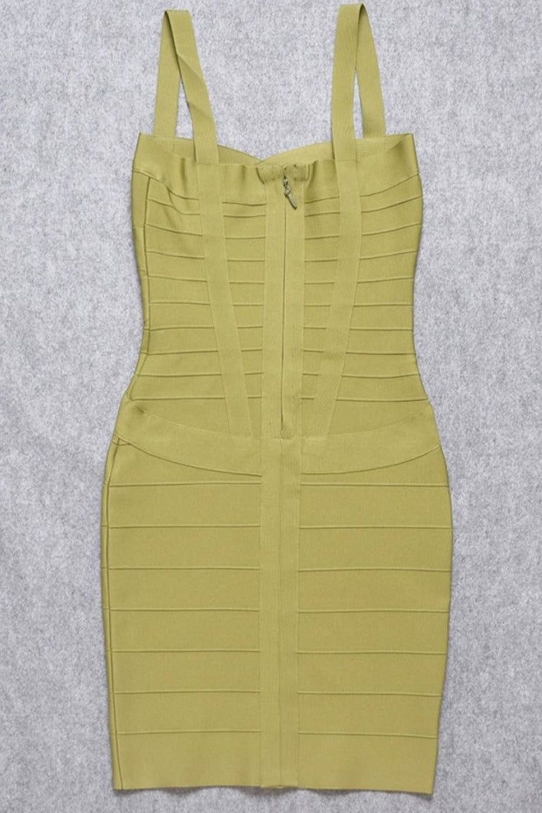 Woman wearing a figure flattering  Heidi Bandage Mini Dress - Olive Green Bodycon Collection