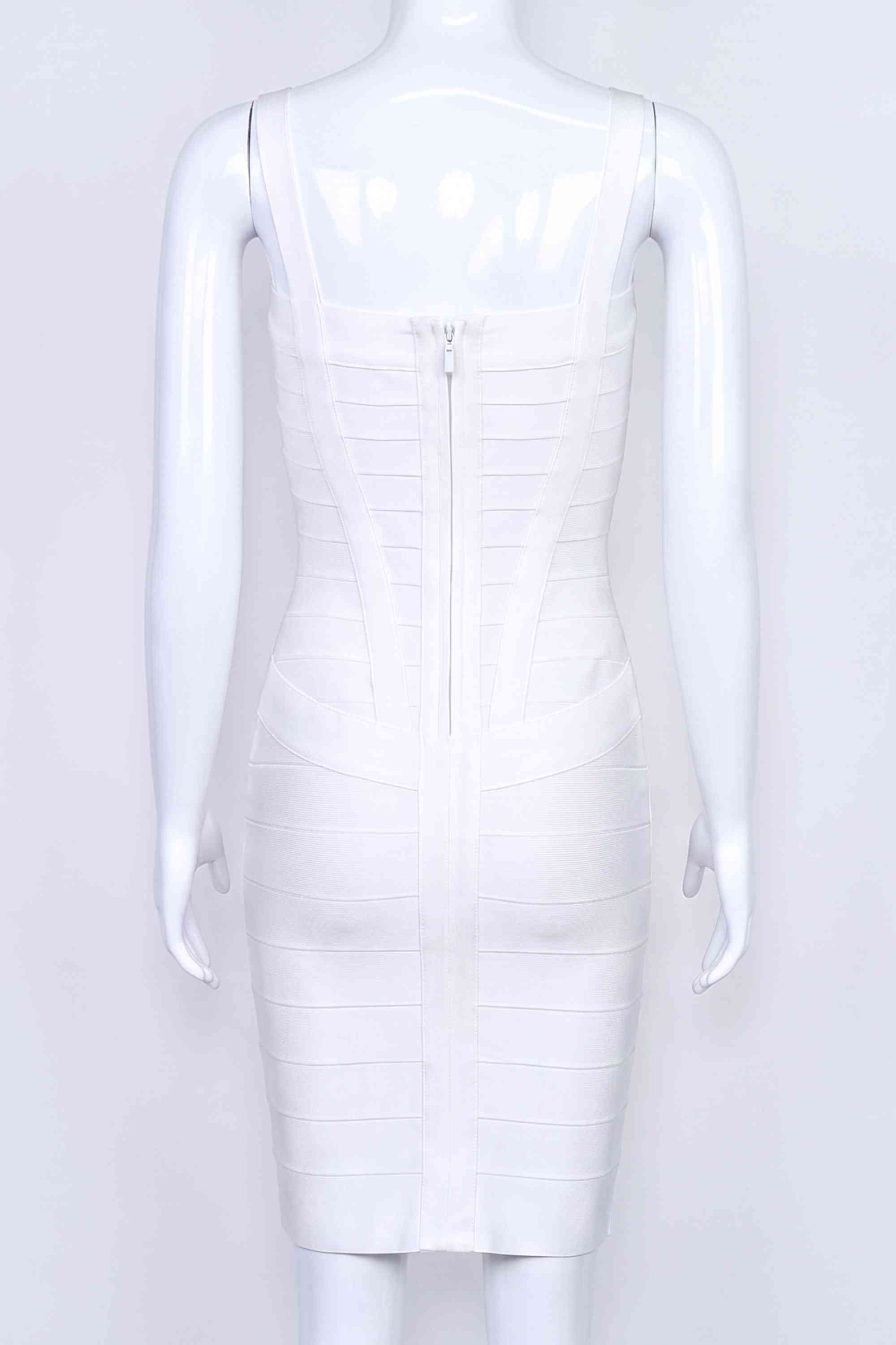 Woman wearing a figure flattering  Heidi Bandage Mini Dress - Pearl White Bodycon Collection