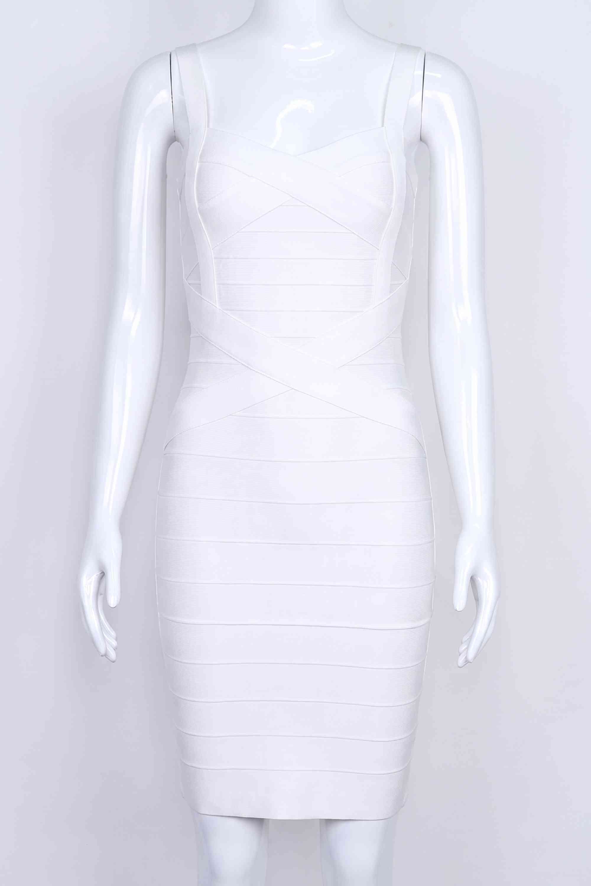 Woman wearing a figure flattering  Heidi Bandage Mini Dress - Pearl White Bodycon Collection