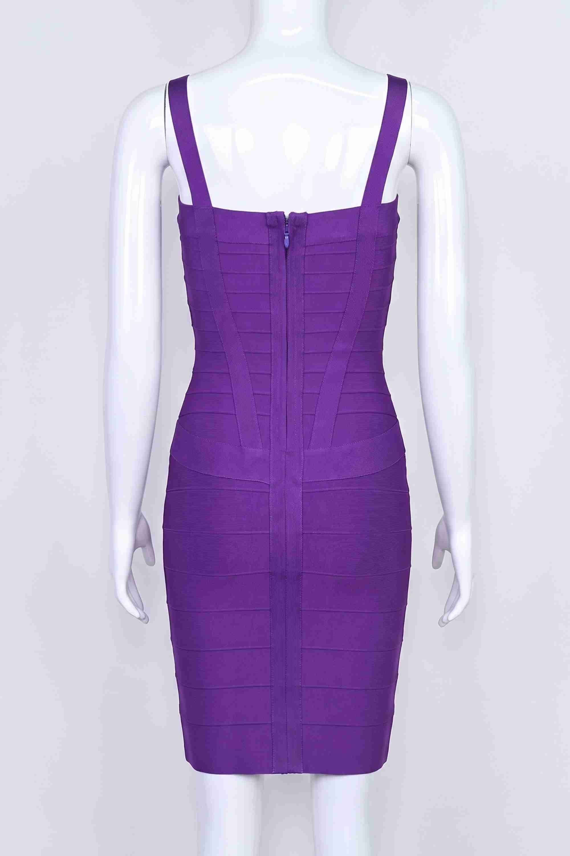 Woman wearing a figure flattering  Heidi Bandage Mini Dress - Plum Purple Bodycon Collection