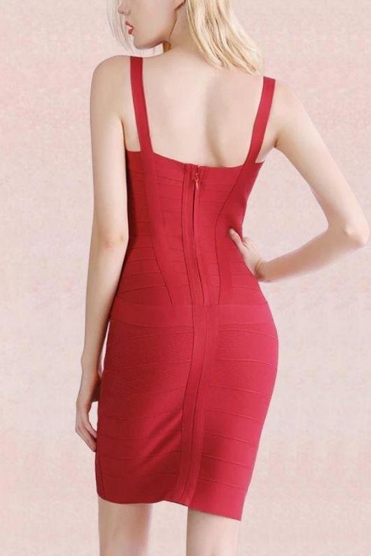 Woman wearing a figure flattering  Heidi Bandage Mini Dress - Red Wine Bodycon Collection