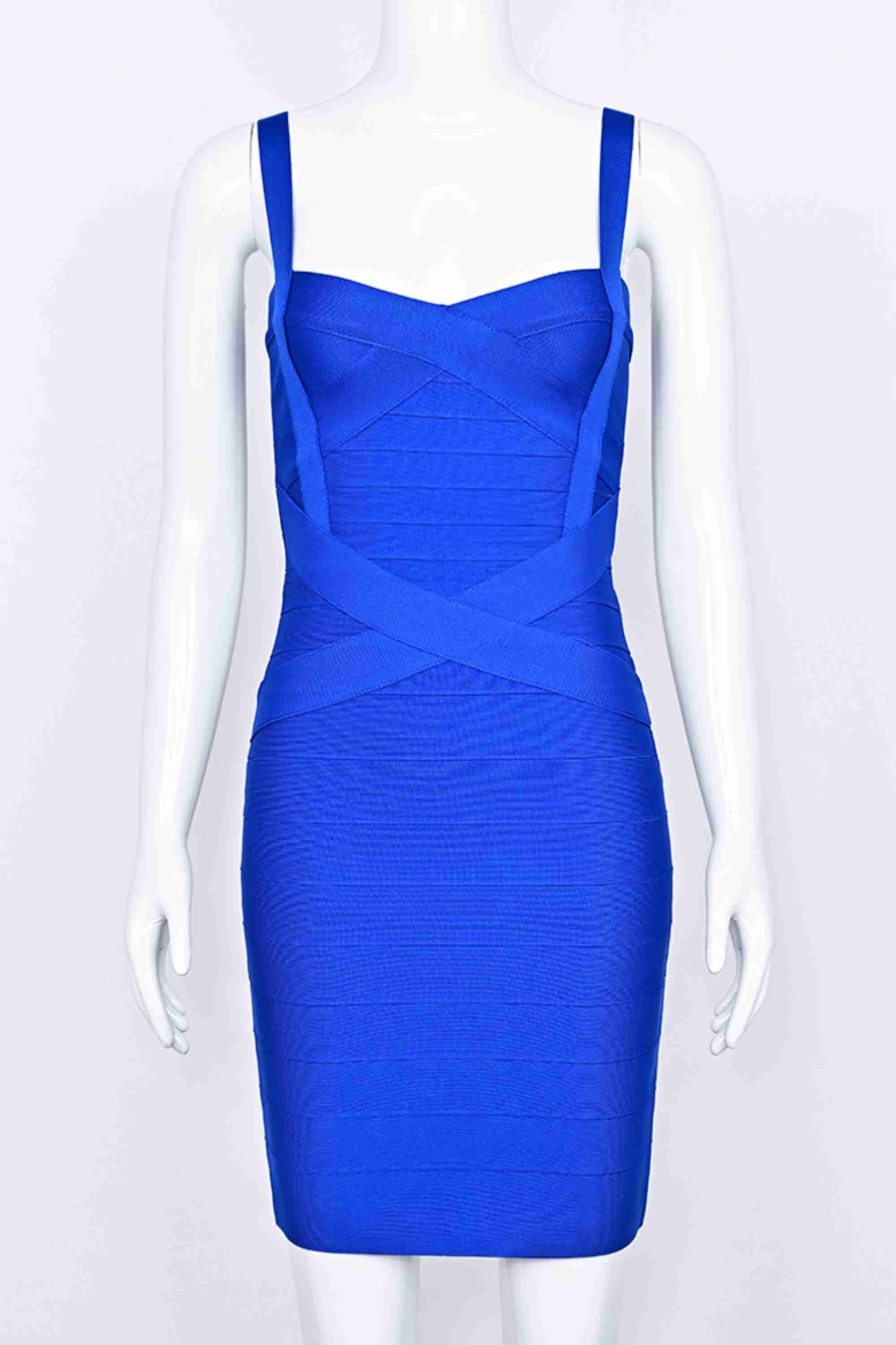 Woman wearing a figure flattering  Heidi Bandage Mini Dress - Royal Blue Bodycon Collection
