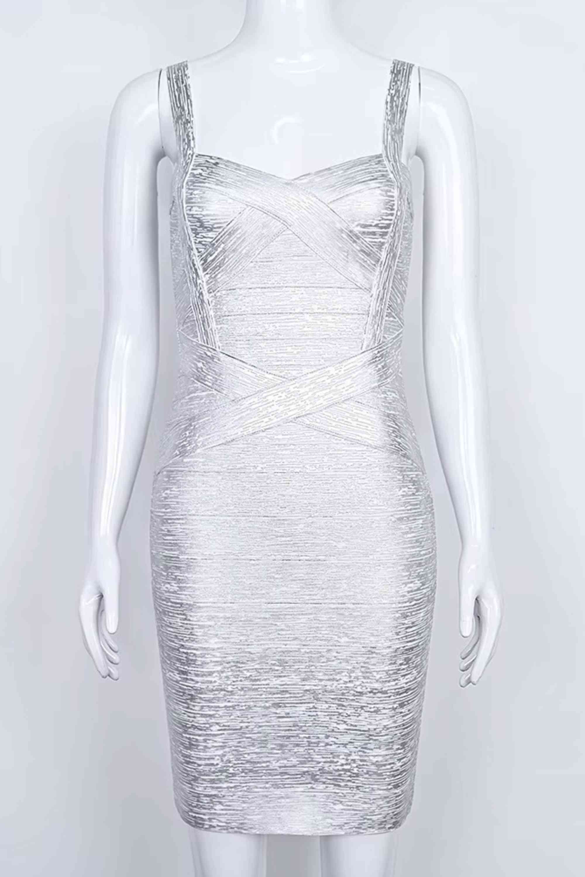 Woman wearing a figure flattering  Heidi Bandage Mini Dress - Silver Bodycon Collection