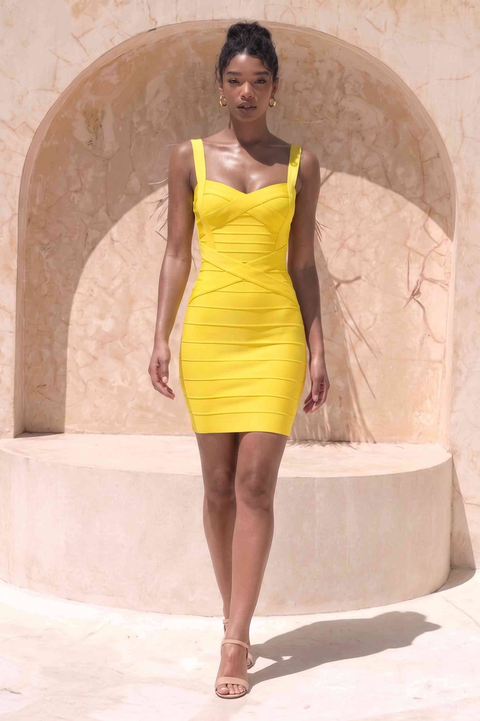 Woman wearing a figure flattering  Heidi Bandage Mini Dress - Sun Yellow Bodycon Collection