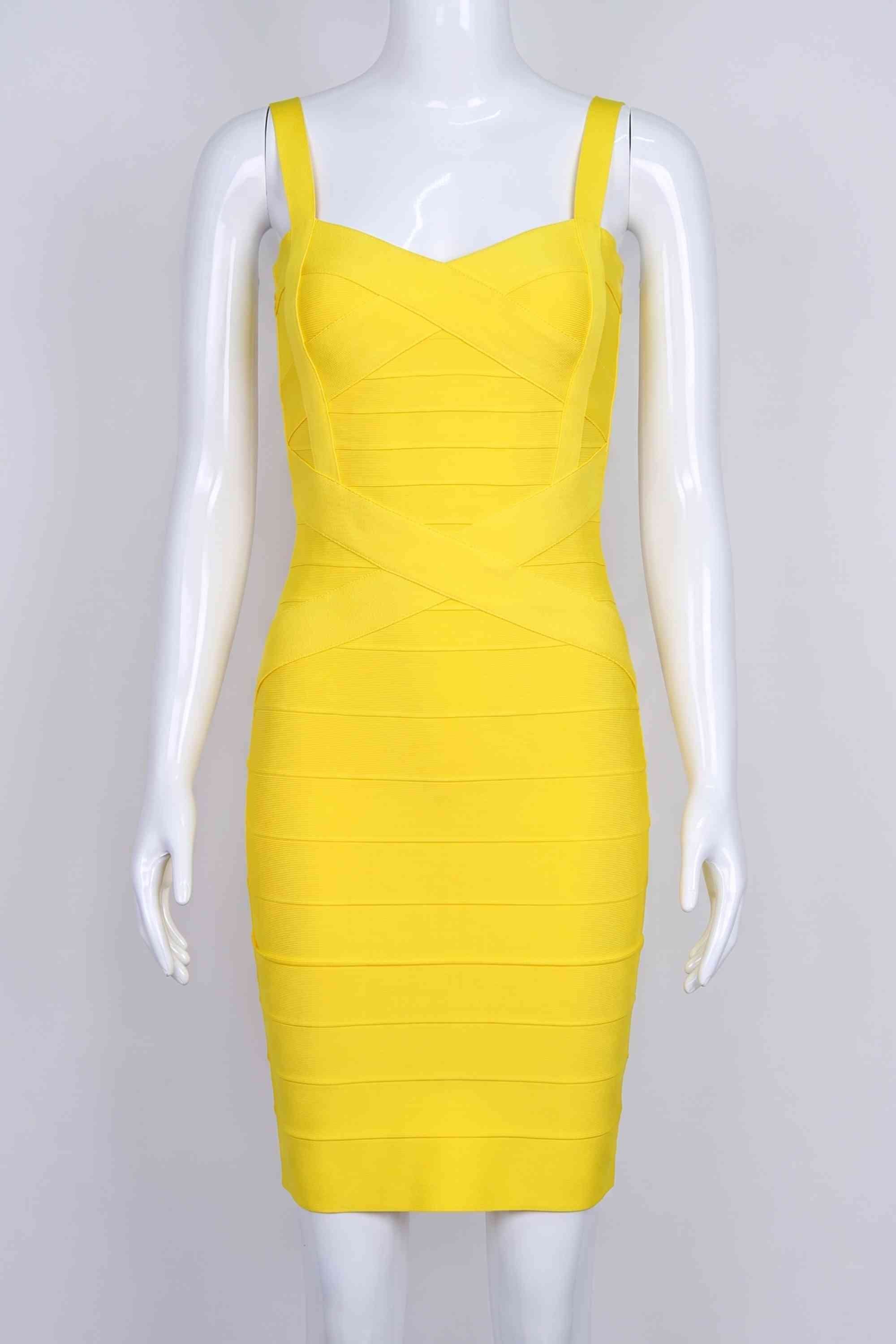 Woman wearing a figure flattering  Heidi Bandage Mini Dress - Sun Yellow Bodycon Collection