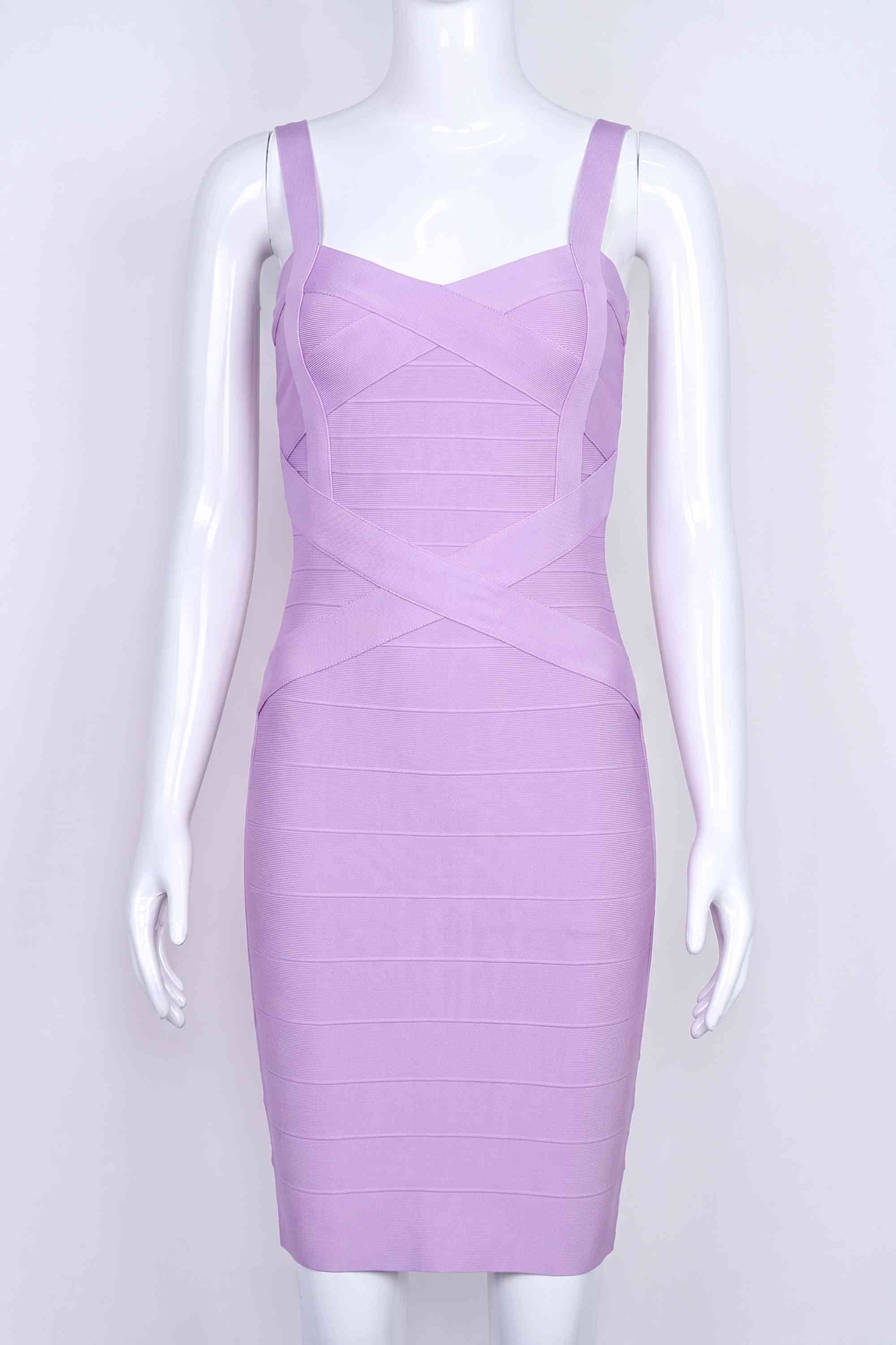 Woman wearing a figure flattering  Heidi Bandage Mini Dress - Violet Bodycon Collection