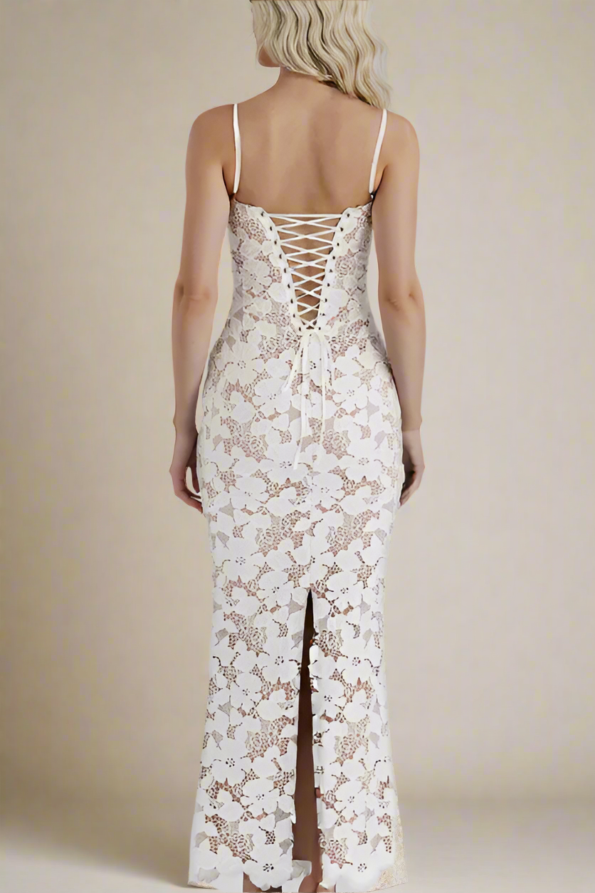 Woman wearing a figure flattering  Honor Bodycon Maxi Dress - White Pearl BODYCON COLLECTION