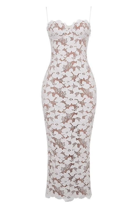 Woman wearing a figure flattering  Honor Bodycon Maxi Dress - White Pearl BODYCON COLLECTION
