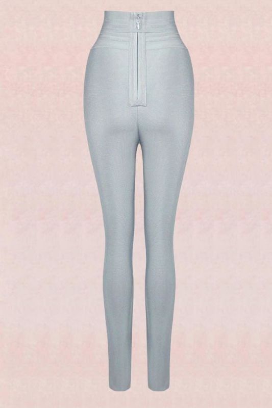 Woman wearing a figure flattering  High Waist Bandage Jumpsuit Pant - Silver BODYCON COLLECTION