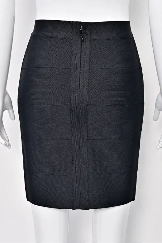Woman wearing a figure flattering  High Waist Bandage Mini Skirt - Classic Black BODYCON COLLECTION