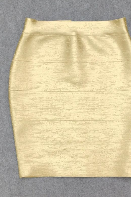 Woman wearing a figure flattering  High Waist Bandage Mini Skirt - Metallic Gold BODYCON COLLECTION