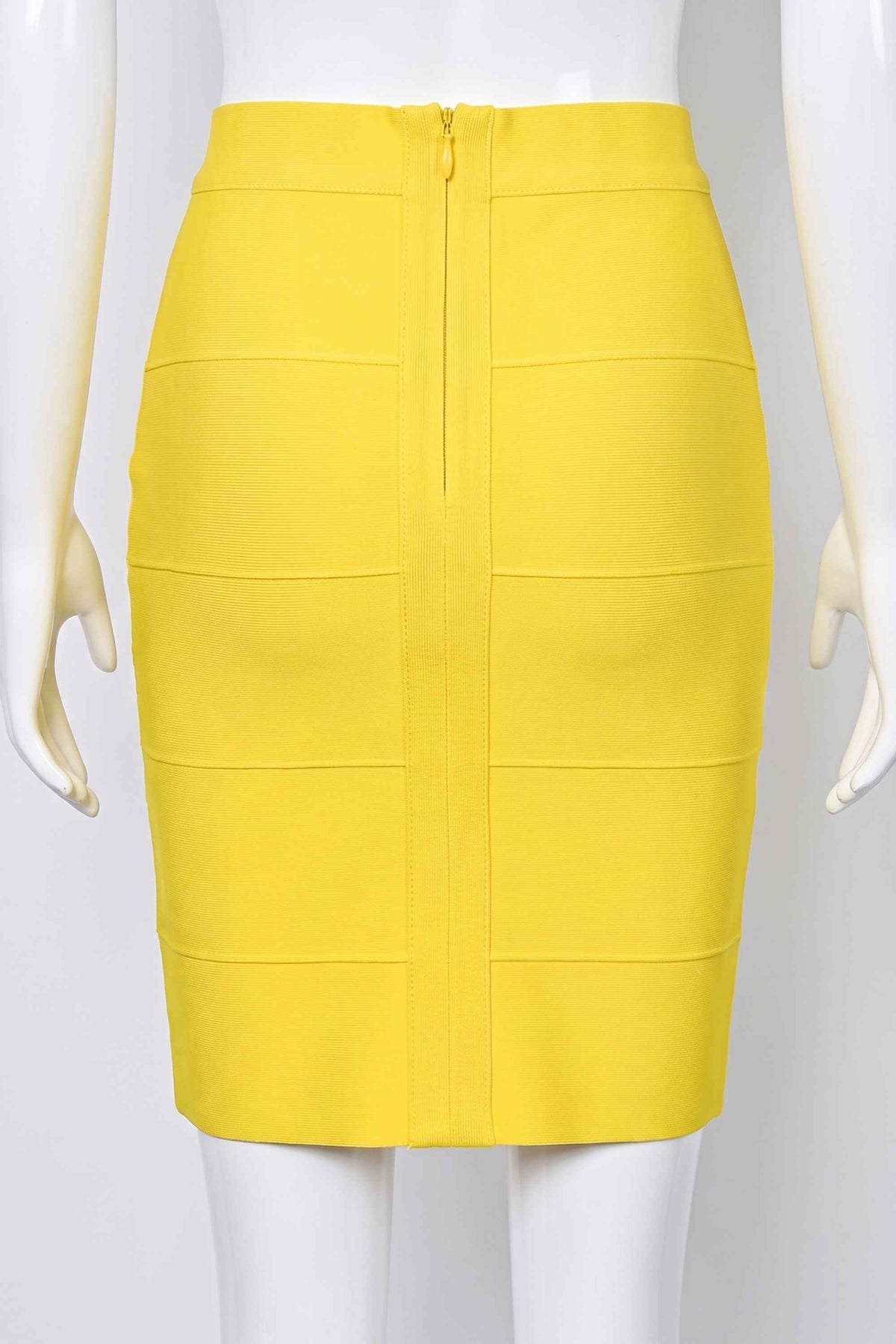 Woman wearing a figure flattering  High Waist Bandage Mini Skirt - Sun Yellow BODYCON COLLECTION