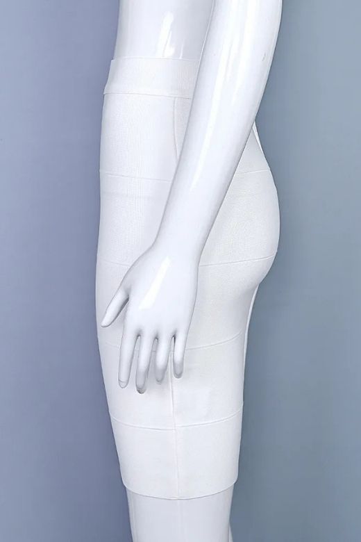Woman wearing a figure flattering  High Waist Bandage Mini Skirt - White Pearl BODYCON COLLECTION