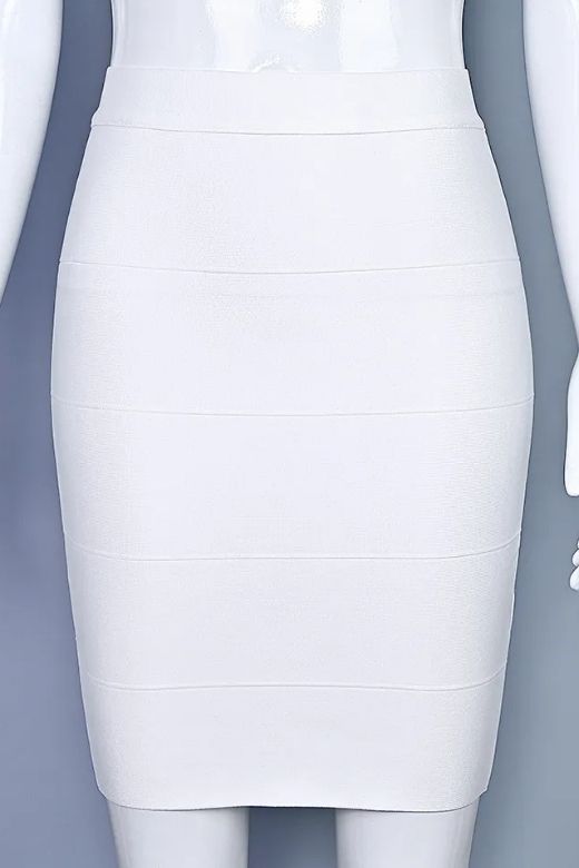 Woman wearing a figure flattering  High Waist Bandage Mini Skirt - White Pearl BODYCON COLLECTION