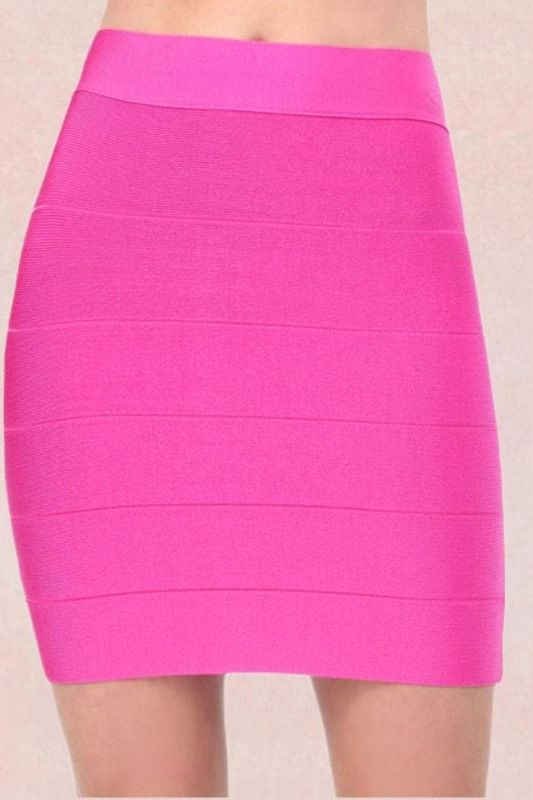 Woman wearing a figure flattering  High Waist Bandage Striped Mini Skirt - Hot Pink BODYCON COLLECTION