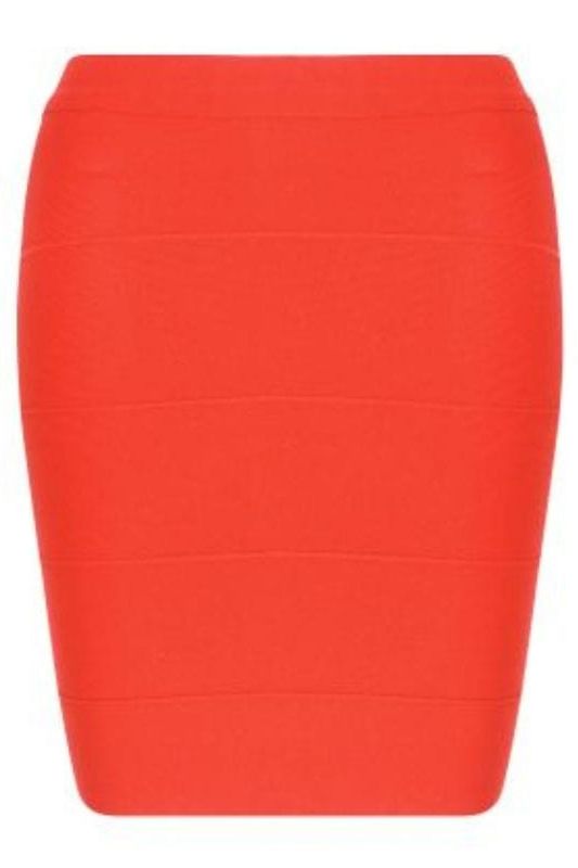 Woman wearing a figure flattering  High Waist Bandage Striped Mini Skirt - Lipstick Red BODYCON COLLECTION