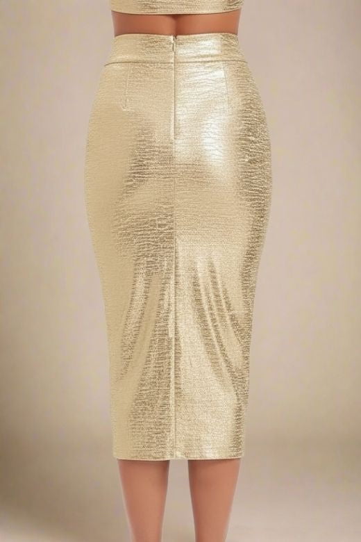 Woman wearing a figure flattering  High Waist Leather Pencil Skirt Midi Length - Metallic Gold BODYCON COLLECTION