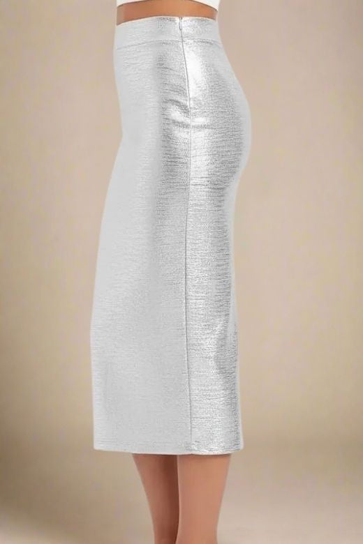Woman wearing a figure flattering  High Waist Leather Pencil Skirt Midi Length - Metallic Silver BODYCON COLLECTION